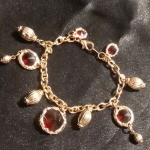 Elegant Gold and Red Charm Bracelet 8.0 in long